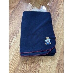 Ralph Lauren Home Fleece Blanket Teddy Bear Navy Blue/Red Patriotic 44” X 66”